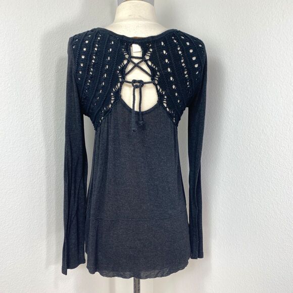Vintage Havana Black Crochet Knit Top Med Long Sleeves Raw Hem Witchy Goth Boho - Picture 8 of 13